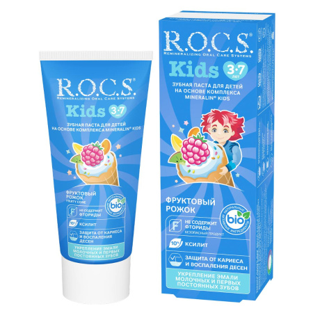 Зубная паста R.O.C.S kids 3-7 лет "Фруктовый рожок со вкусом мороженого", без фтора